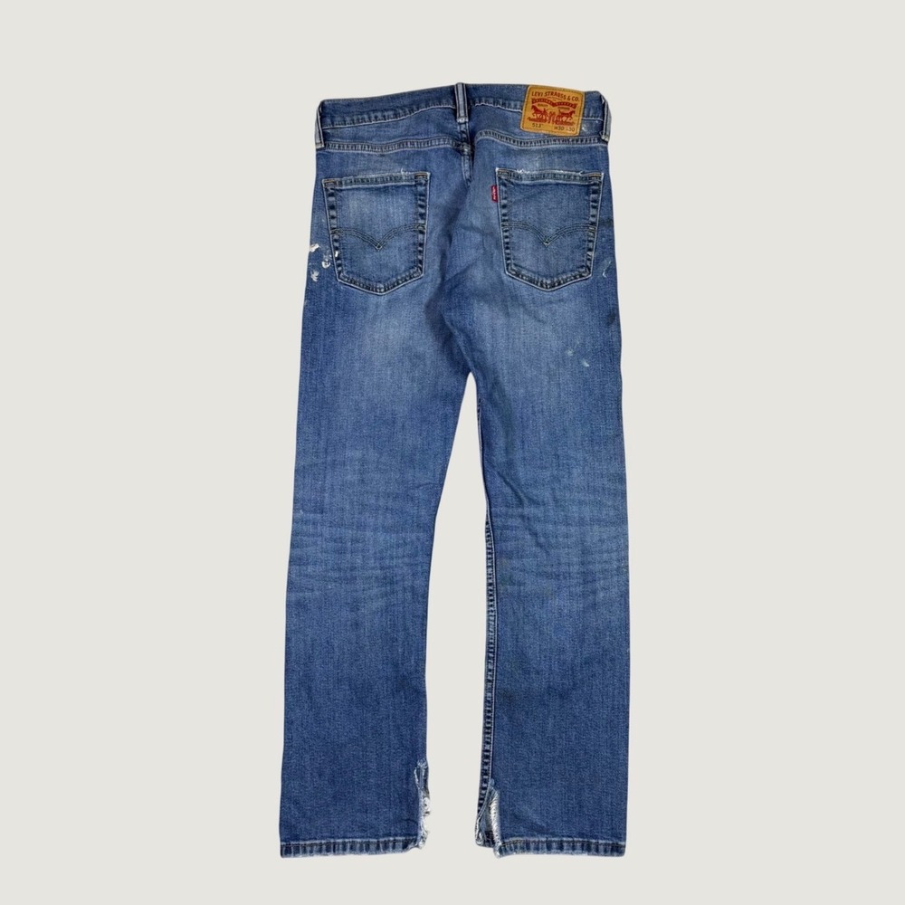 Levis 513 Slim Straight Jeans Mens 30x30 Blue Paint Splatter Distressed Slit Hem